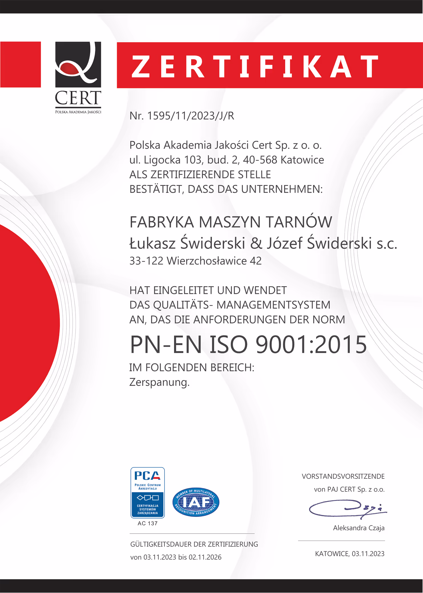 ISO 9001:2015 certificate - German version