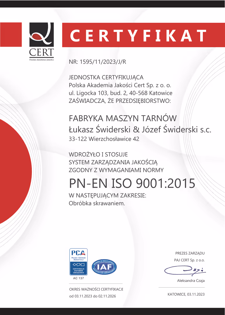 PN-EN ISO 9001:2015 certificate - Polish version